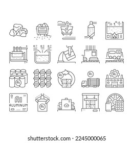 Aluminium Production Collection Icons Set Vector. Processing Of Aluminium Production And Factory, Pressing And Manufacture, Transportation And Carrying Black Contour Illustrations