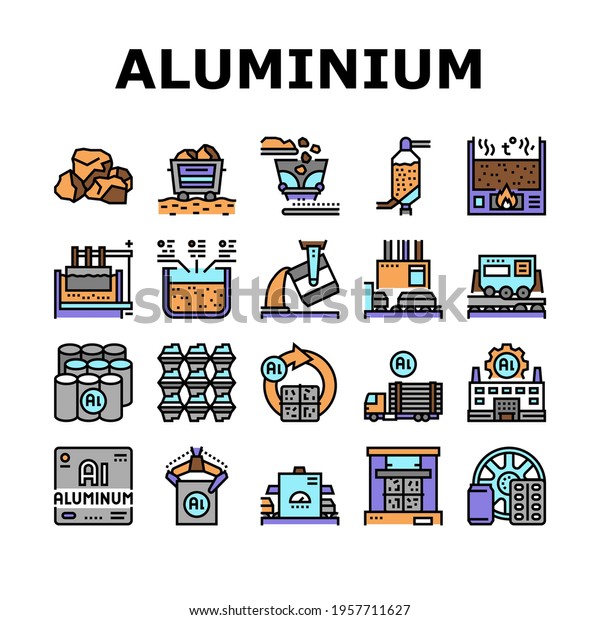 Aluminium Production Collection Icons Set\
Vector. Processing Of Aluminium Production And Factory, Pressing\
And Manufacture, Transportation And Carrying Concept Linear\
Pictograms. Contour\
Illustrations