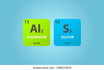 Aluminiumsulfat-Al2S3-Molekül. Einfache molekulare Formel bestehend aus Aluminium, Schwefel, Elementen. Chemische Verbindung vereinfachte Struktur auf blauem Hintergrund, für Chemieunterricht
