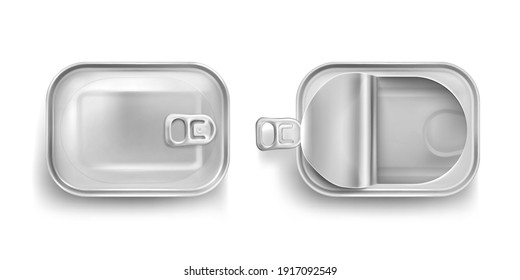 Aluminium tin can for sardine in top view. Vector realistic mockup of rectangle metal containers for fish and tuna. Empty conserve box with open and closed lid isolated on white background