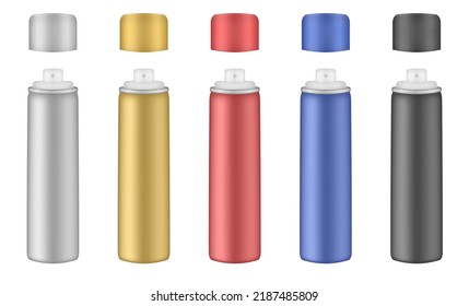 Aluminium tube for hairspray, air freshener container, thermal water spray bottle. Silver, gold, red, blue and black bottles. Realistic cosmetic mockup of aerosol deodorant or dry shampoo