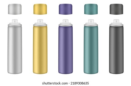 Aluminium tube for hairspray, air freshener container, thermal water spray bottle. White, yellow, purple, green and black bottles. Realistic cosmetic mockup of aerosol deodorant or dry shampoo