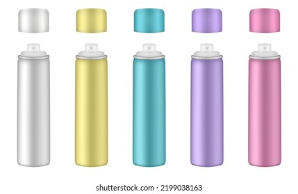 Aluminium tube for hairspray, air freshener container, thermal water spray bottle. White, yellow, purple, green and pink bottles. Realistic cosmetic mockup of aerosol deodorant or dry shampoo