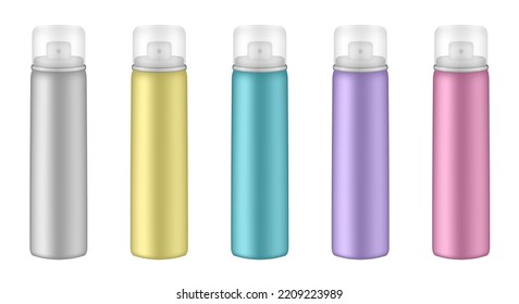 Aluminium tube for hairspray, air freshener container, thermal water spray bottle. White, yellow, purple, green and pink bottles. Realistic mockup of aerosol deodorant or dry shampoo. Transparent cap