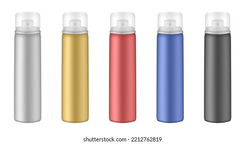 Aluminium tube for hairspray, air freshener container, thermal water spray bottle. White, gold, red, blue and black bottles. Realistic mockup of aerosol deodorant or dry shampoo. Transparent cap