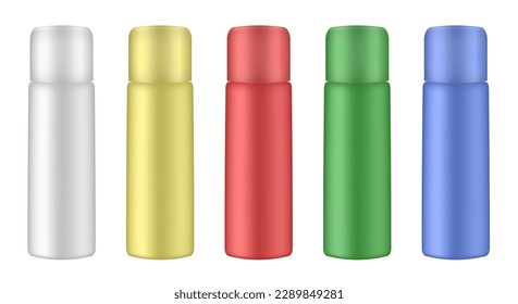 Aluminium tube for hairspray, air freshener container, thermal water spray bottle. White, yellow, red, blue and green bottles. Realistic cosmetic mockup of aerosol deodorant or dry shampoo