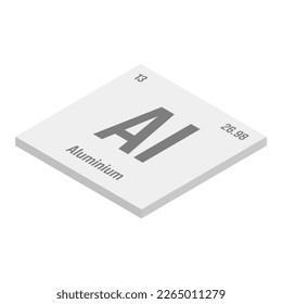 Aluminum, Al, gray 3D isometric illustration of periodic table element with name, symbol, atomic number and weight. Lightweight metal commonly used in construction, packaging, and transportation