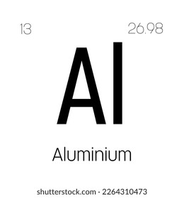 Aluminum, Al, periodic table element with name, symbol, atomic number and weight. Lightweight metal commonly used in construction, packaging, and transportation industries due to its strength and