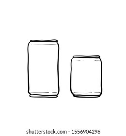 Aluminum bear soda and lemonade cans, energy drink. Vector isolated set canned beverages with doodle hand drawing style vector cartoon