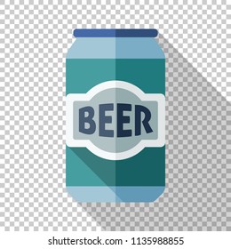 Aluminum beer can icon in flat style with long shadow on transparent background