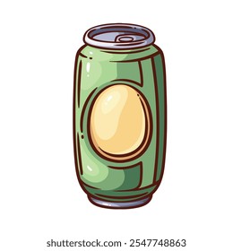 Aluminum beer can line icon. Outline hand drawn green metal container with yellow round blank label, beverage pack. Drink, bar mascot, beer or soda water package color icon vector illustration