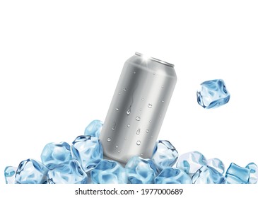 Aluminum beer soda water Tin Can with ice cubes. Blank metallic can for drink juice. Packaging empty mock up.