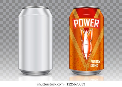 Aluminum beverage can mockup set. Vector realistic illustration of blank beer soft drink can and with energy drink label can isolated on transparent background.