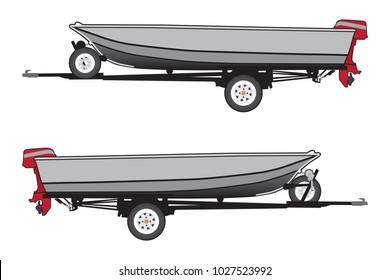 An aluminum boat with a red outboard motor is strapped to a trailer