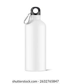 Aluminum bottle water with carabiner mockup. Vector illustration isolated on white background. Ready for your custom design. EPS10.
