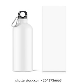 Aluminum bottle water with carabiner with paperboard box mockups. Vector illustration isolated on white background. Ready for your custom design. EPS10.
