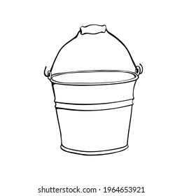 Aluminum bucket with handle in hand drawn doodle style isolated on white background. Vector outline illustration. Sign capacity gardening tool