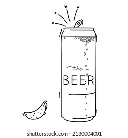 Aluminum can of beer. Linear sketch drawing. Element for design of menu of bars, restaurants, parties. Doodle vector
