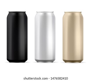 Aluminum Can Blank. Round Soda or Juice Tin Isolated Mockup. Silver, Black and Gold Aluminium Metal Can Template Pack. Cold Cola or Water Stainless Steel Cylinder Tin Mock Up for Advertising