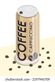 Aluminum can with cappuccino, invigorating coffee. Energy drink to uplift your mood and vigor. Vector. Concept