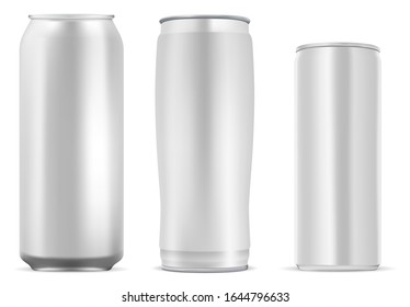 Aluminum can for coffee, juice, soda drink. Still metal tin mockup template for cold lemonade beverage. Glossy aluminium bottle for beer alcohol, isolated on white background