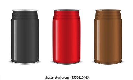 Aluminum can color set, realistic vector illustration. Blank food or beverage packaging, template for design. Easy to recolor.