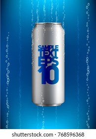 Aluminum can with drink in liquid with bubbles of gas on blue background with backlight