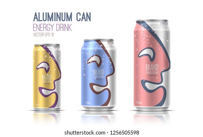 Aluminum can of energy drink, beer, soda, cocktail, juice. Package design. Realistic illustration.