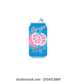 Aluminum can with fresh citrus soda beverage. Carbonated drink - cause of stomach pain and diseases digestive organs. Flat vector illustration isolated on a white background.