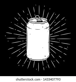 Aluminum can. Hand drawn vector illustration with  Aluminum can and divergent rays. Used for poster, banner, web, t-shirt print, bag print, badges, flyer, logo design and more.