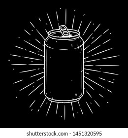 Aluminum can. Hand drawn vector illustration with  Aluminum can and divergent rays. Used for poster, banner, web, t-shirt print, bag print, badges, flyer, logo design and more.