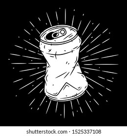 Aluminum can. Hand drawn vector illustration with  Aluminum can and divergent rays. Used for poster, banner, web, t-shirt print, bag print, badges, flyer, logo design and more.