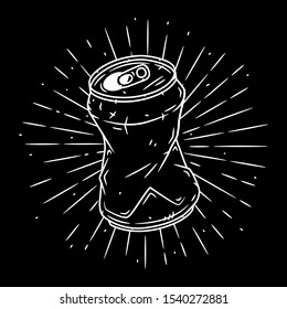 Aluminum can. Hand drawn vector illustration with  Aluminum can and divergent rays. Used for poster, banner, web, t-shirt print, bag print, badges, flyer, logo design and more.