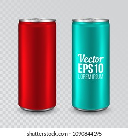 Aluminum can isolated on a transparent background. Realistic metallic can for beer, soda, lemonade, juice, energy drink. Vector template for your design.