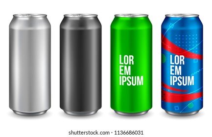 Aluminum can isolated on white background. Realistic metallic can for beer, soda, lemonade, juice, energy drink. Vector template for your design.