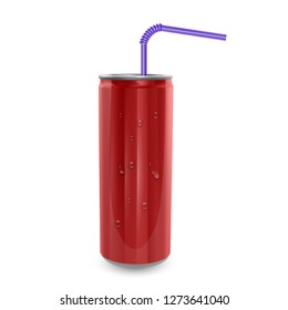 Aluminum can isolated on white background, 3D vector Illustration The image of the empty layout for your design, Red Bottle with water drops