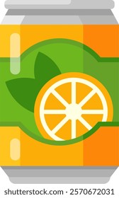 Aluminum can with orange juice is depicted, featuring an orange slice and leaf on the label, representing a refreshing and healthy beverage option