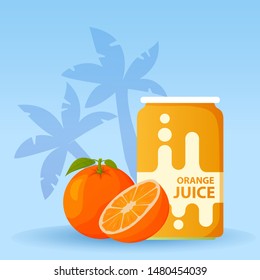 Aluminum can with orange juice. Ripe tropical fruit. Realistic vector illustration.Vegan and vegetarian food.