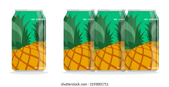 lata de aluminio con bebida de piña. Almacenando cócteles y refrescos en frasco. Vector plano de caricatura aislado en fondo blanco