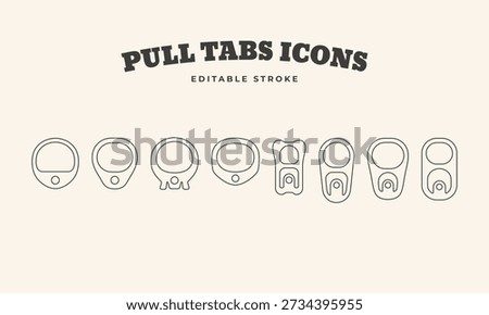 Aluminum can pull tabs linear icons set. Soda pull tab symbol logo icons collections. Simple line art vector illustration