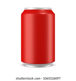 Aluminum can red color mockup, realistic vector illustration isolated on white background, blank template for design