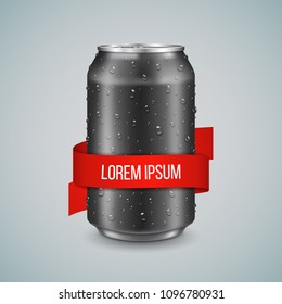 Aluminum can with red ribbon isolated on light background. Realistic metallic can for beer, soda, lemonade, juice, energy drink. Vector template for your design.