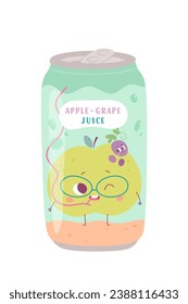 Aluminum can soft drink. Tasty cold lemonade with fruit flavor in colored packaging. Vector illustration in cartoon style isolated on white background. Juice, soda, cola.