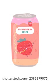 Aluminum can soft drink. Tasty cold lemonade with fruit flavor in colored packaging. Vector illustration in cartoon style isolated on white background. Juice, soda, cola.
