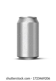 Aluminum can with water drops isolated on white background. Empty template mockup for beer, alcohol, soft drinks, soda, energy drink. Advertising and presentation vector 3D realistic  design element