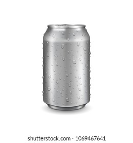 Aluminum can with water drops. Realistic metallic can for beer, soda, lemonade, juice, energy drink. Vector template for your design.