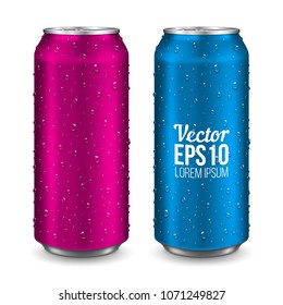 Aluminum can with water drops. Realistic metallic can for beer, soda, lemonade, juice, energy drink. Vector template for your design.