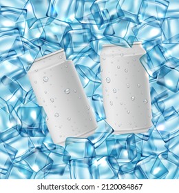 Aluminum can of white color, on a background of ice cubes.