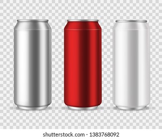 Aluminum cans. Blank metal can drinks, beverage water soda beer lemonade energy drink, silver empty jar mockup vector set