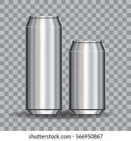Aluminum Cans Empty 500 and 330 ml. on transparency grid. Stock vector illustration.